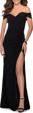 La Femme Off the Shoulder Fully Ruched Floor Length Gown