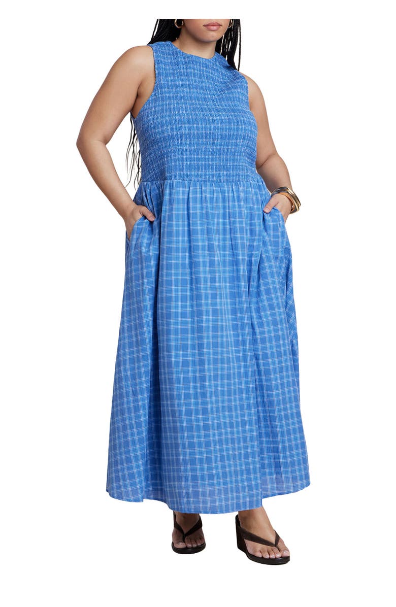 ELOQUII Smocked Bodice Plaid Dress, Main, color, Plaid Party