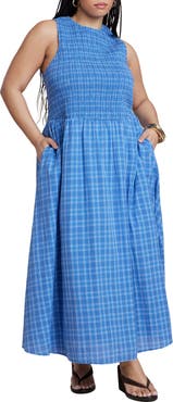 ELOQUII Smocked Bodice Plaid Dress