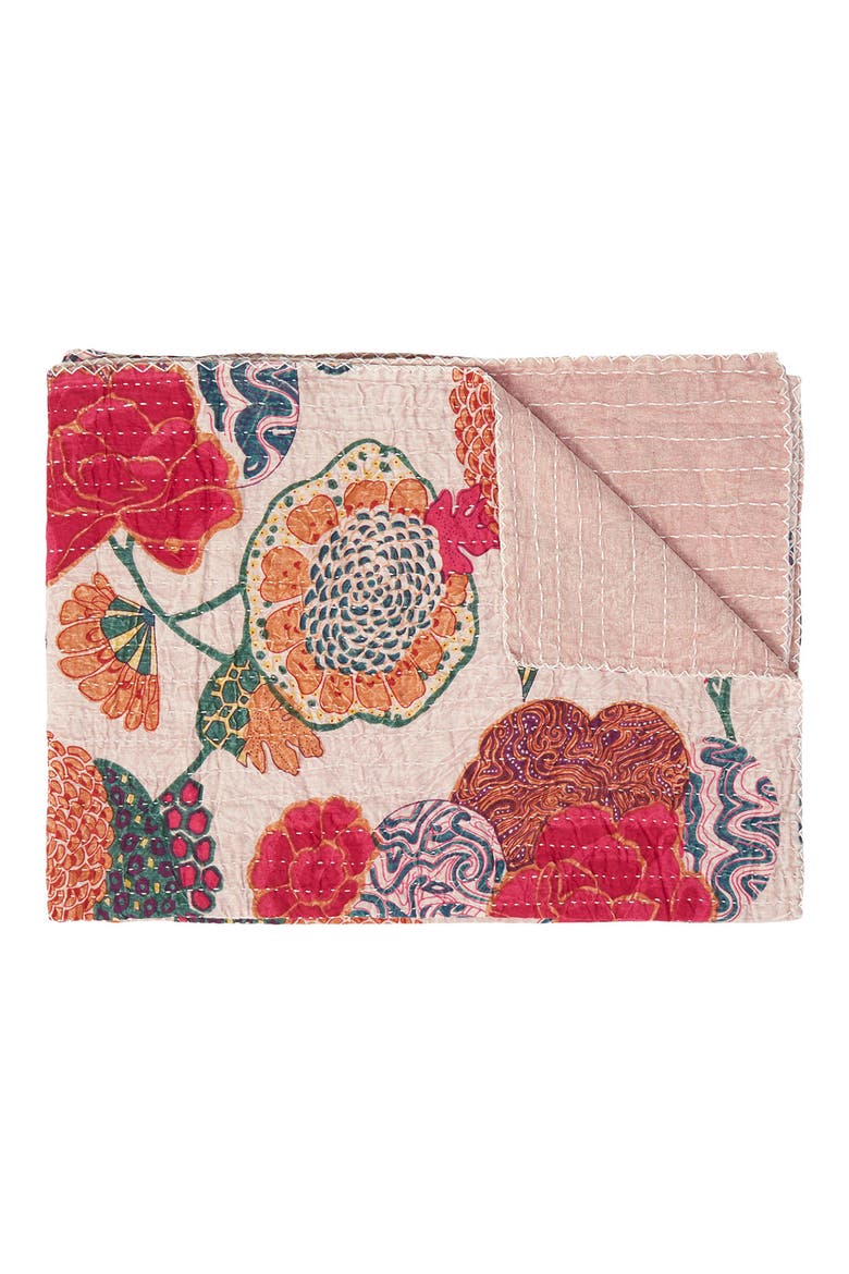 Vintage Cotton Kantha Throw Blanket, Main, color, MULTI PALE PINK FLORAL