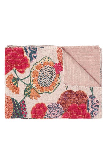 Taj Hotel Vintage Cotton Kantha Throw Blanket In Multi Pale Pink Floral