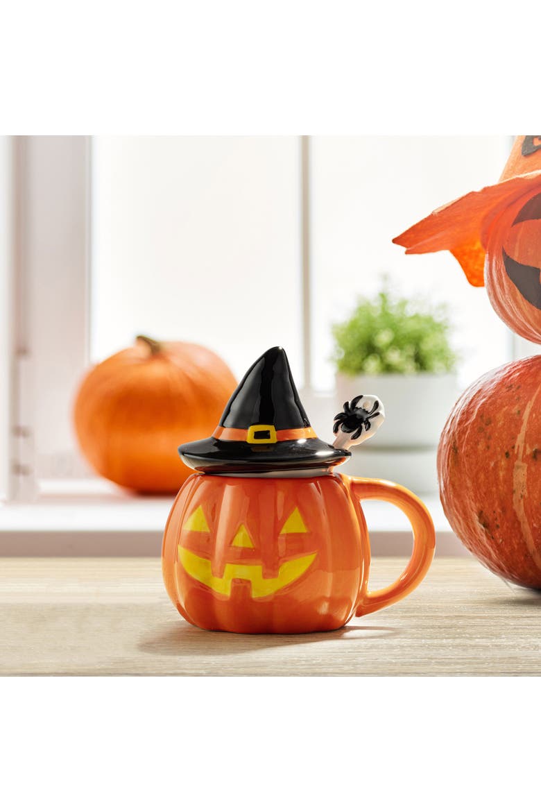 18 oz. Jack-O-Lantern Lidded Mug with Spoon, Alternate, color, Orange