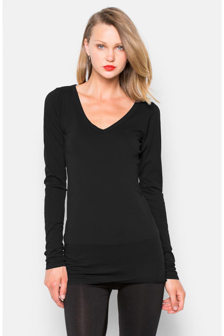 Long V-Neck Cotton Tee, Alternate, color, BLACK