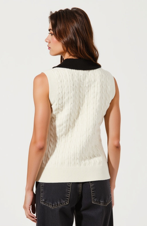 Modenaire Sleeveless Cable Knit Vest With Contrast Collar And Pocket Accents