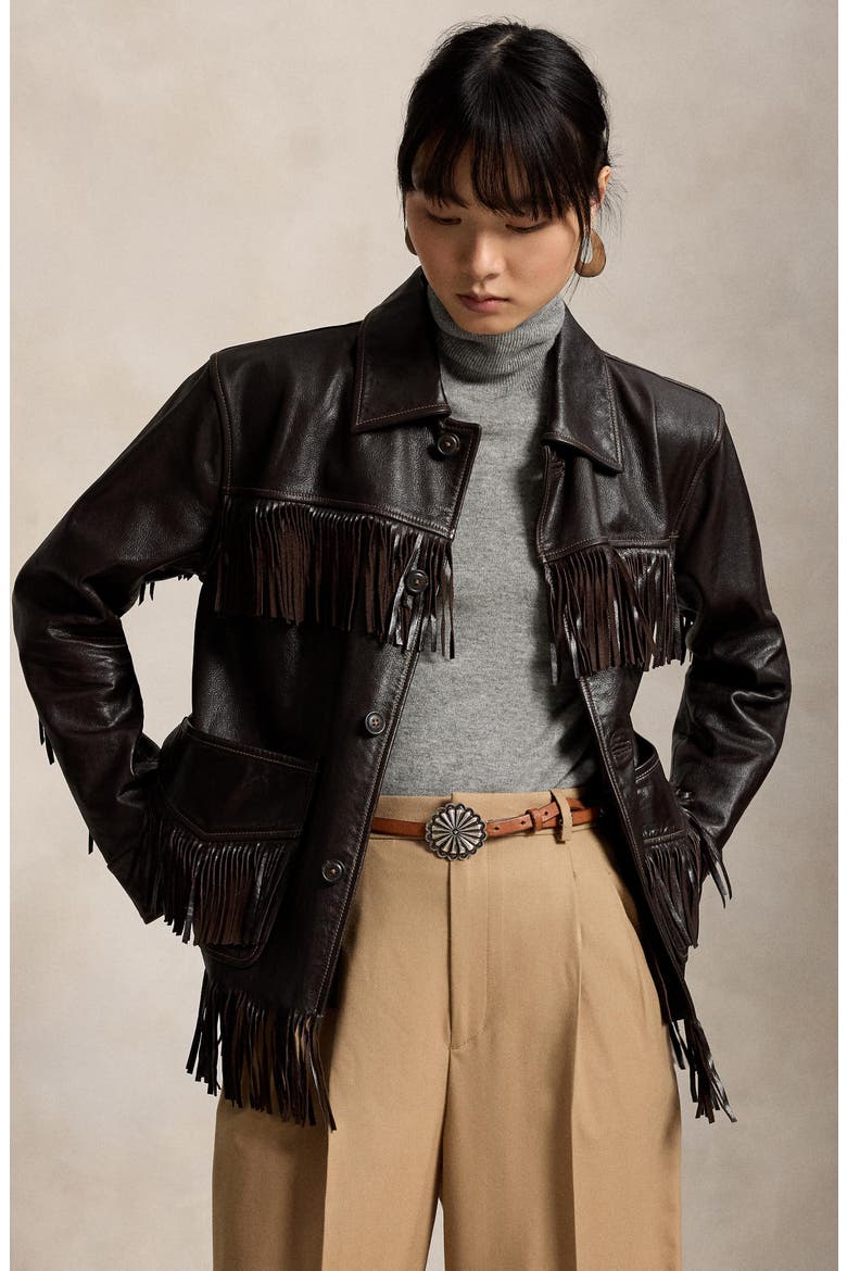 Fringe Trim Leather Shirt, Alternate, color, DARK CHOCOLATE