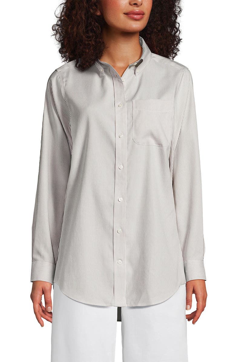 Lands' End No Iron Pinpoint Mens Fit Shirt, Alternate, color, Khaki Narrow Stripes