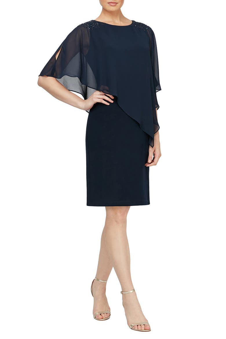 Chiffon Overlay Beaded Detail Sheath Dress, Main, color, NEW NAVY