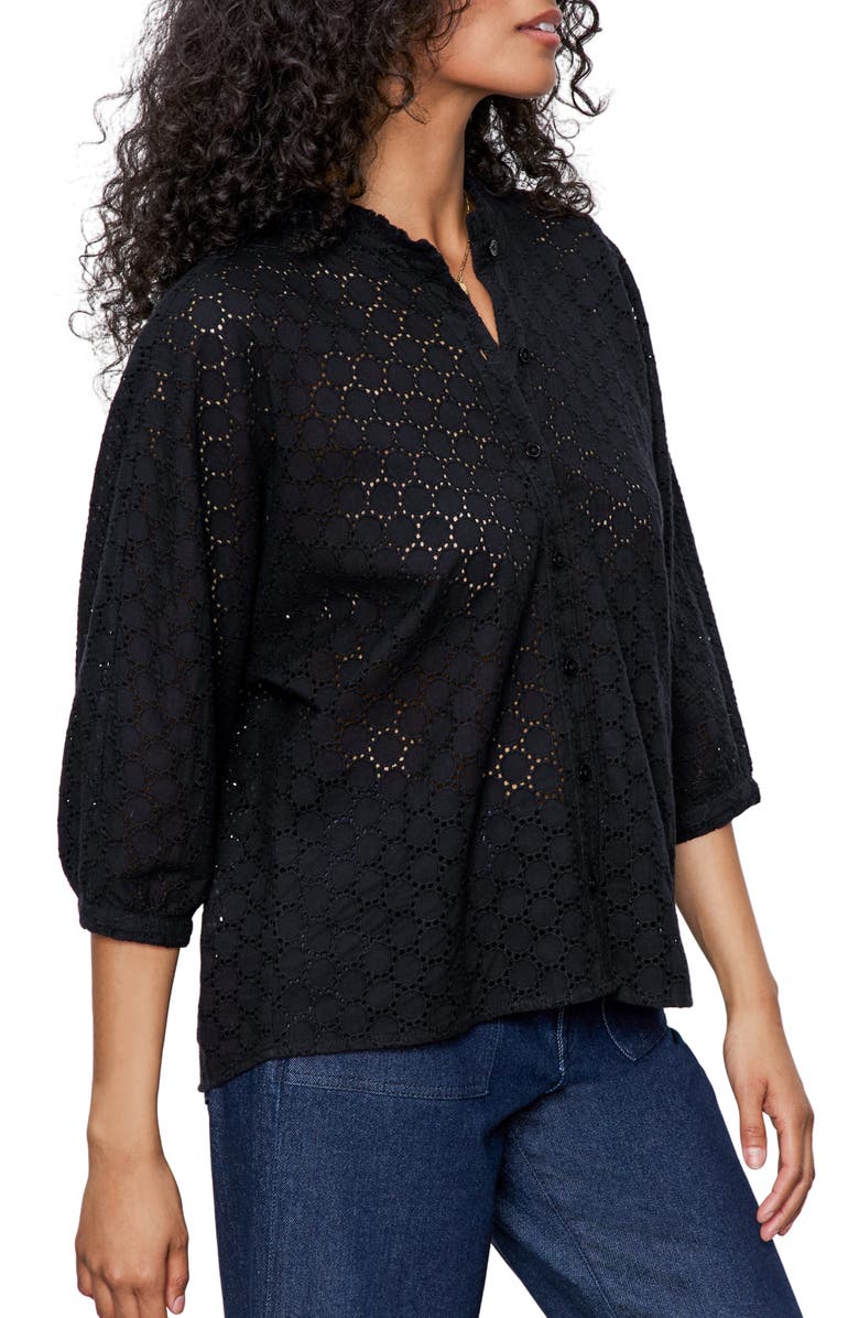 Sanctuary Petal Drop Eyelet Embroidered Button-Up Top, Alternate, color, Black