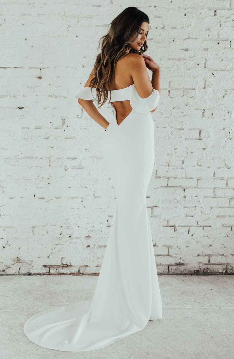 Noel and Jean by Katie May Nautilus Ruffled Off the Shoulder Crepe Mermaid Gown, Alternate, color,