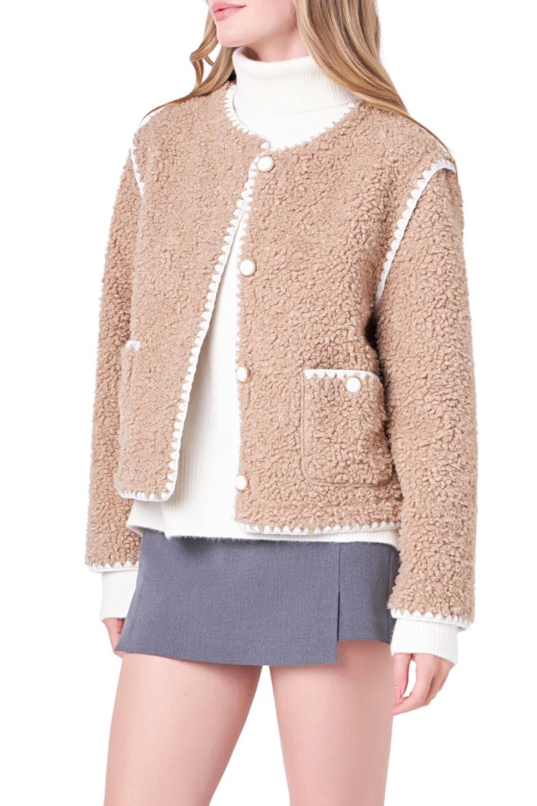 Premium Contrast Trim Faux Shearling Jacket, Alternate, color, TANWHITE