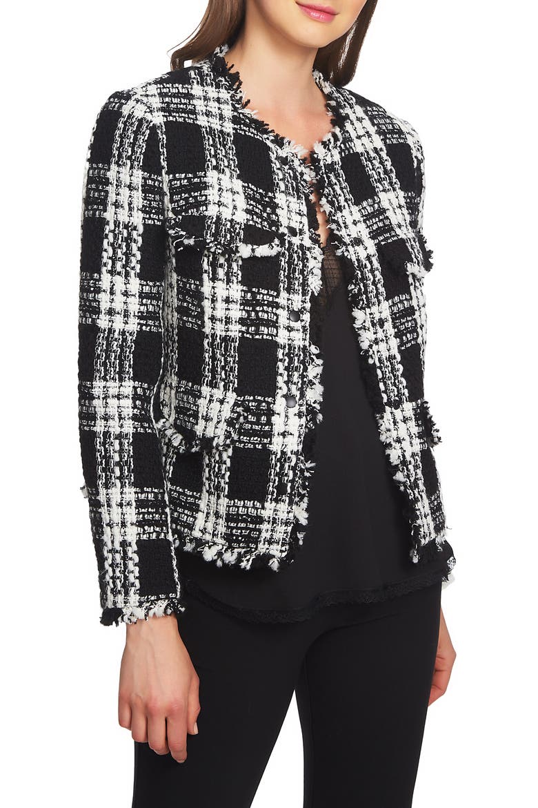 Raw Edge Plaid Tweed Jacket, Main, color, RICH BLACK