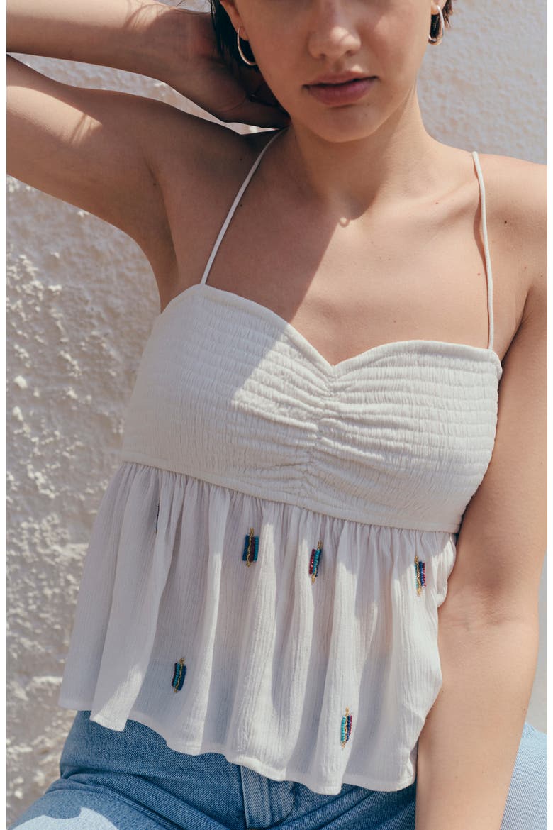 Beaded Detail Smocked Viscose Top, Alternate, color, OFF WHITE