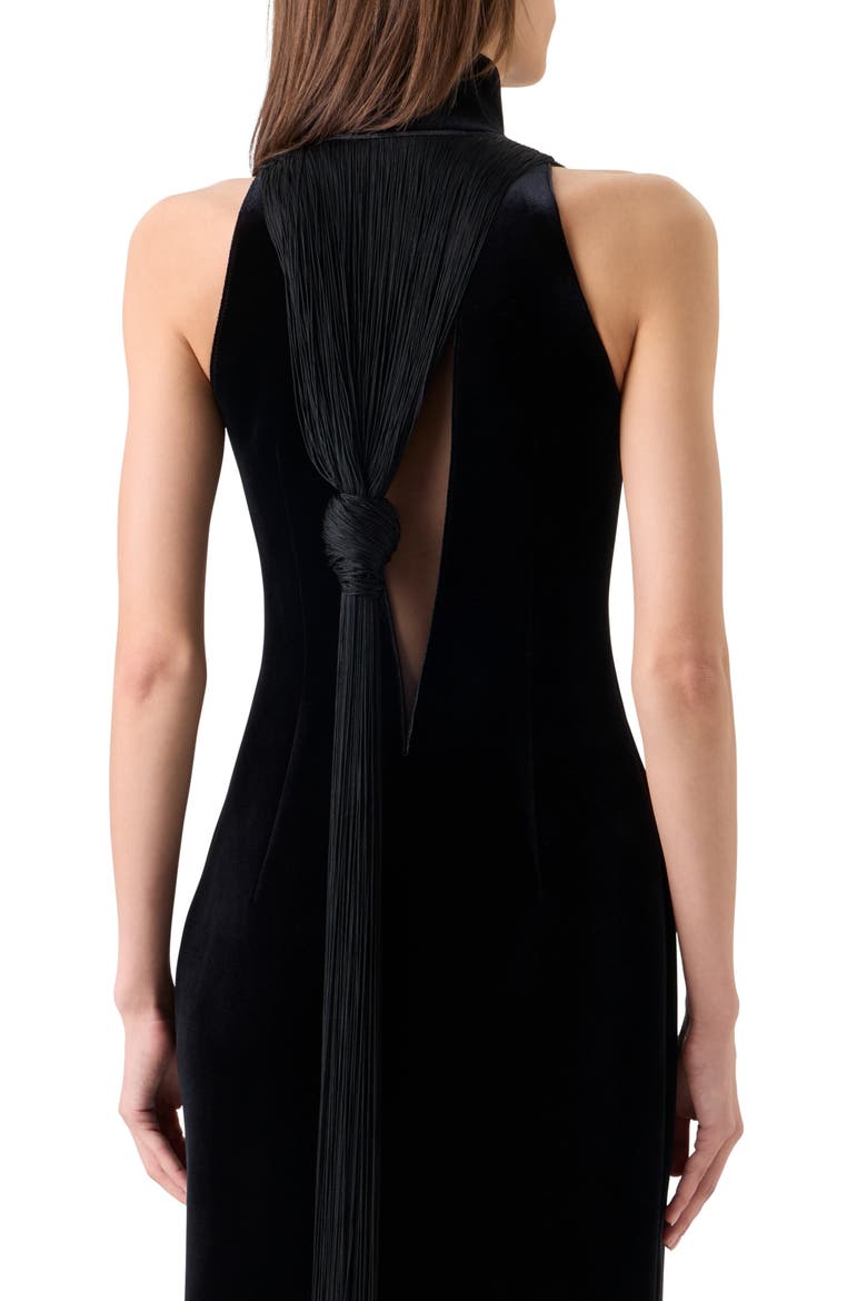 Fringe Back Velvet Scuba Knit Trumpet Gown, Alternate, color, BLACK