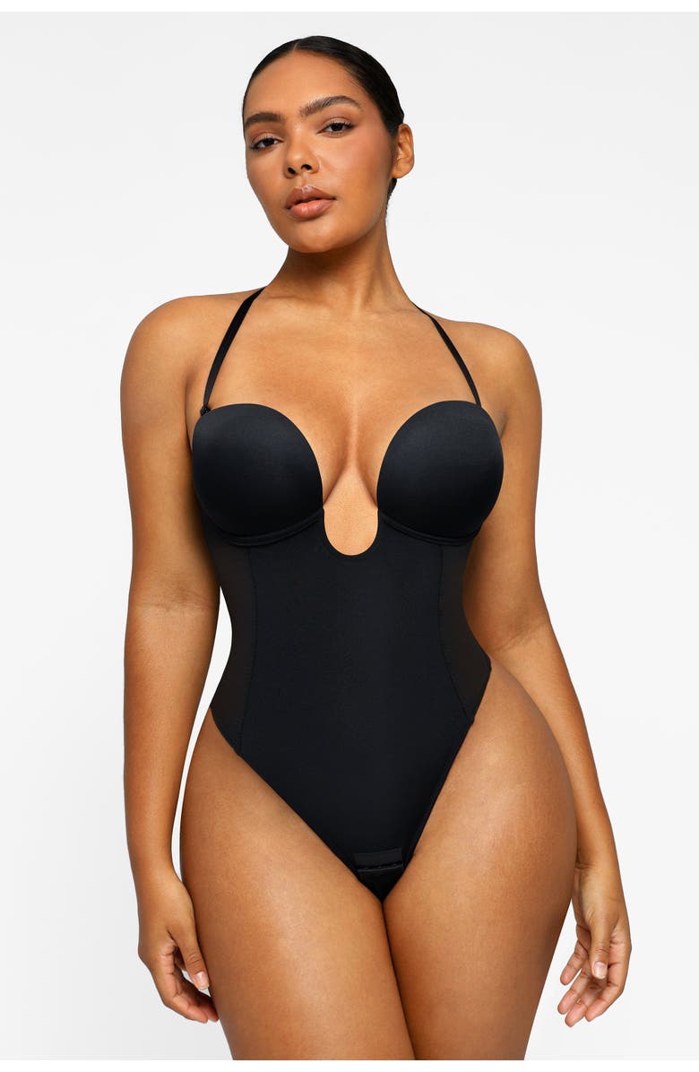 Shapellx AirSlim Deep Plunge Low-Back Thong Bodysuit, Main, color, Black