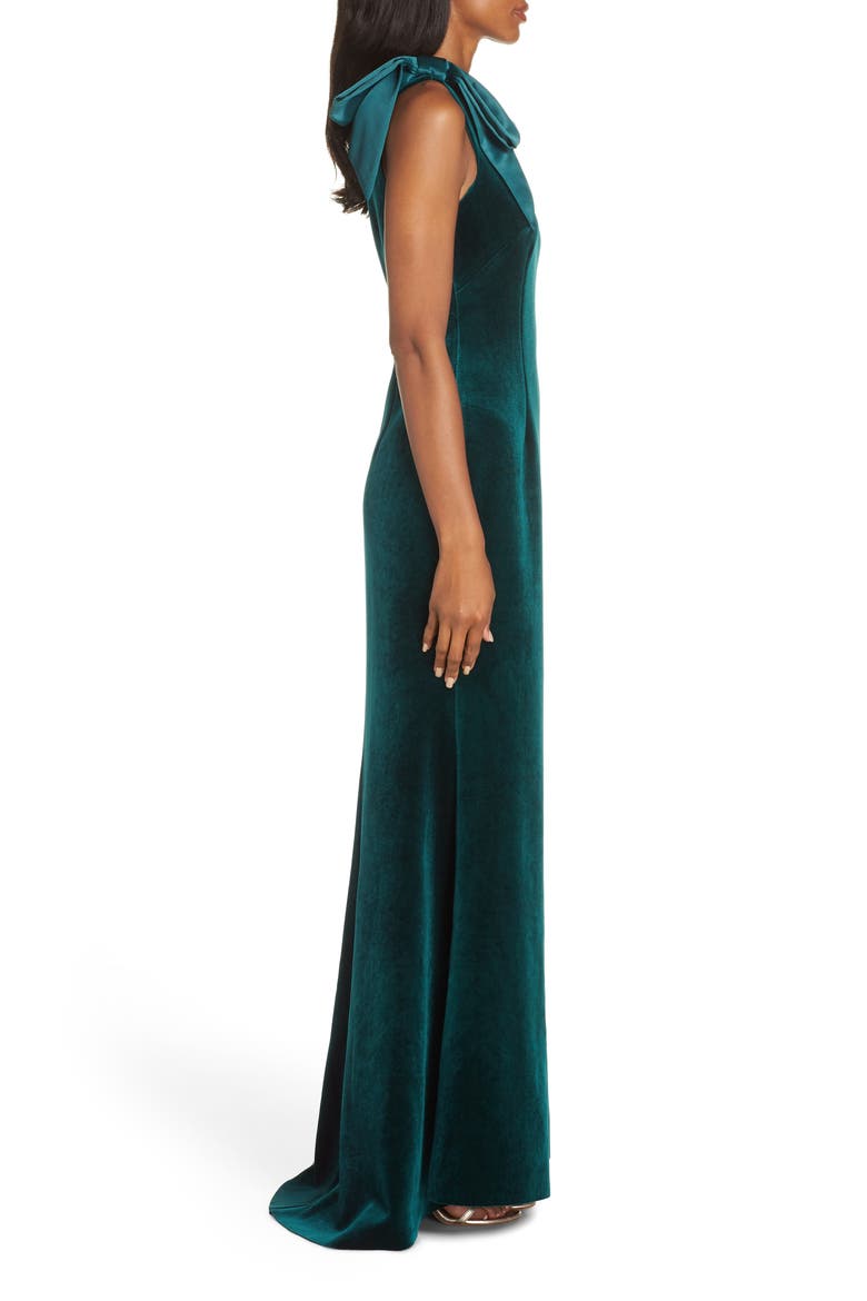 Bow One-Shoulder Velvet Gown, Alternate, color, HUNTER