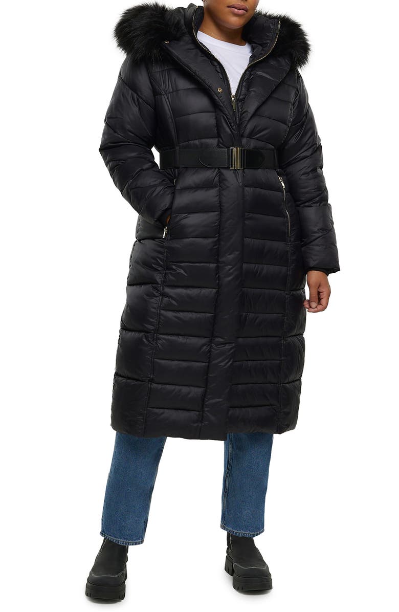 River Island Belted Longline Hooded Puffer Jacket with Removable Faux Fur Trim, Main, color, 