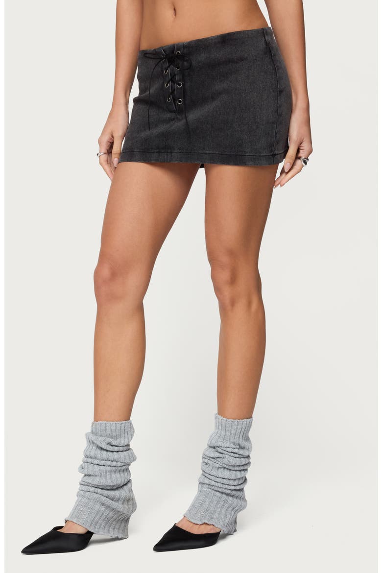 Lace Up Stretch Denim Miniskirt, Alternate, color, BLACK-WASHED