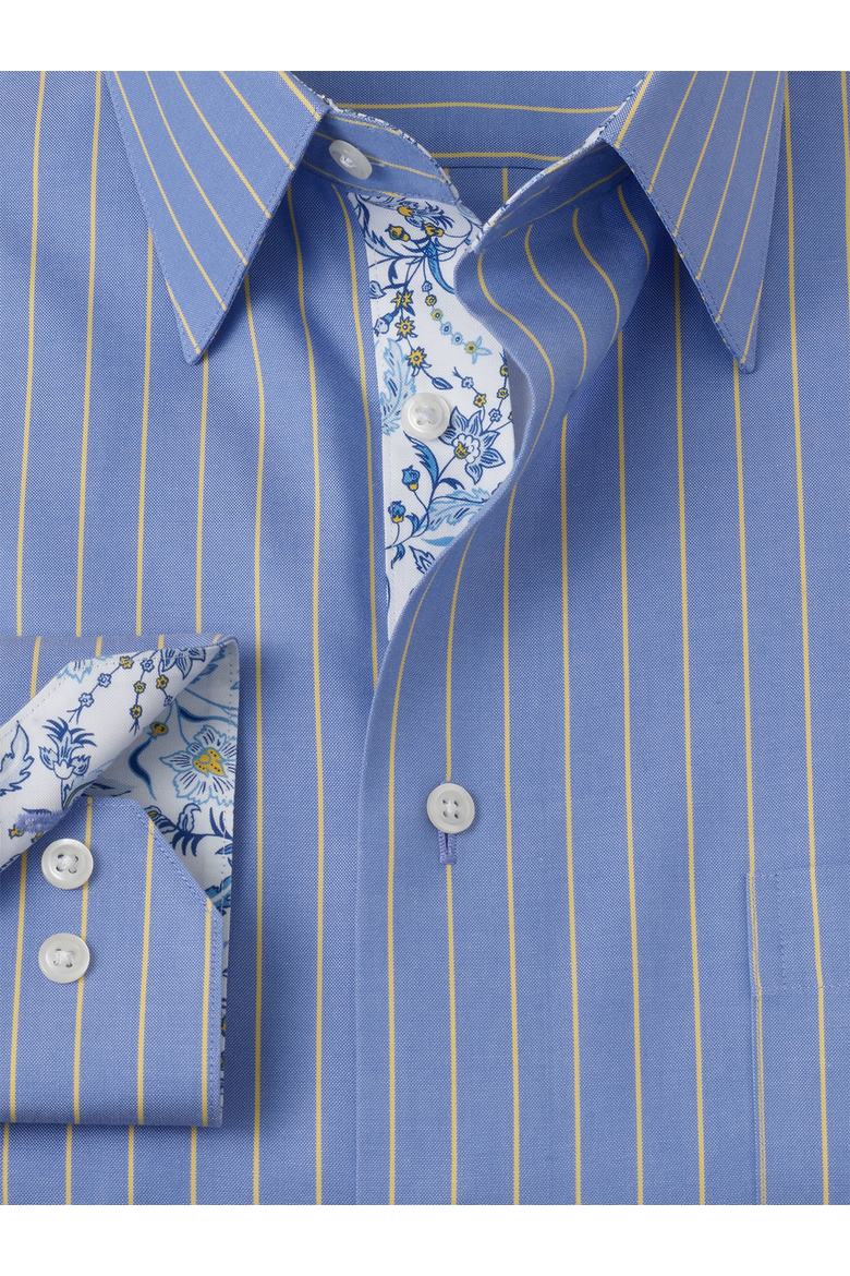 Cotton Point Collar Pinpoint Slim Contrast Trim Button Cuff Long Sleeve Shirt, Alternate, color, Blue/Yellow