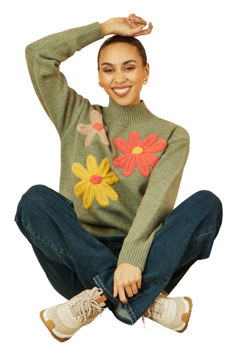 Floral Detail High Neck Knit Sweater, Alternate, color, Green