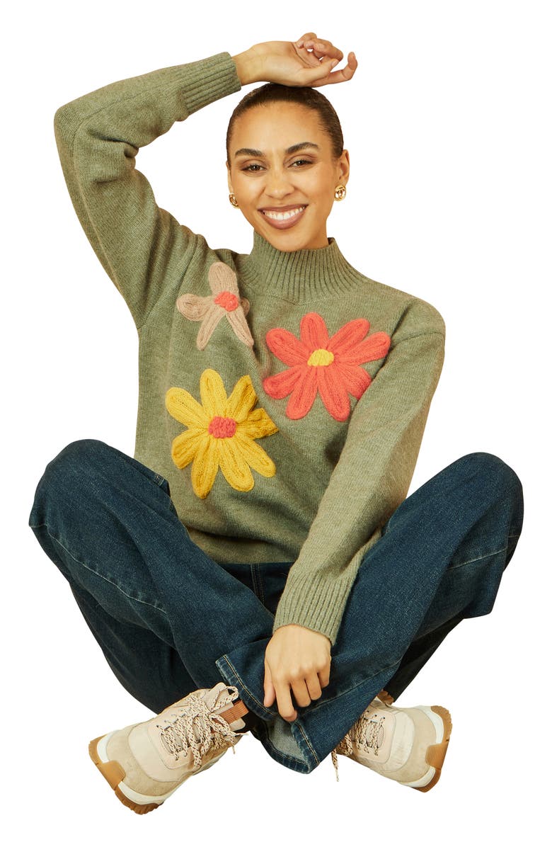 Yumi Floral Detail High Neck Knit Sweater, Alternate, color,