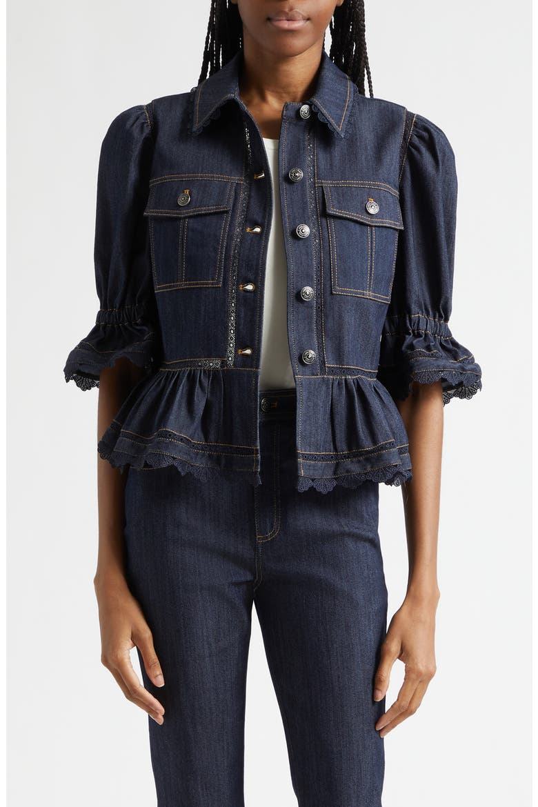 Guipure Lace Trim Peplum Jacket, Main, color, INDIGO