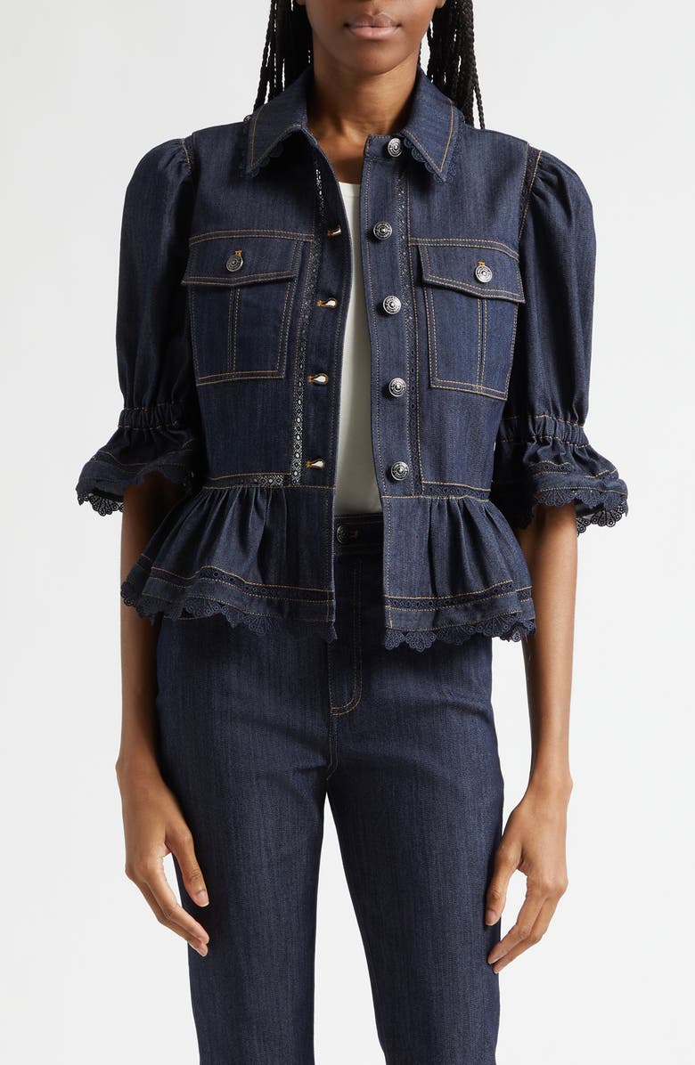 Cinq à Sept Guipure Lace Trim Peplum Jacket, Main, color, Indigo