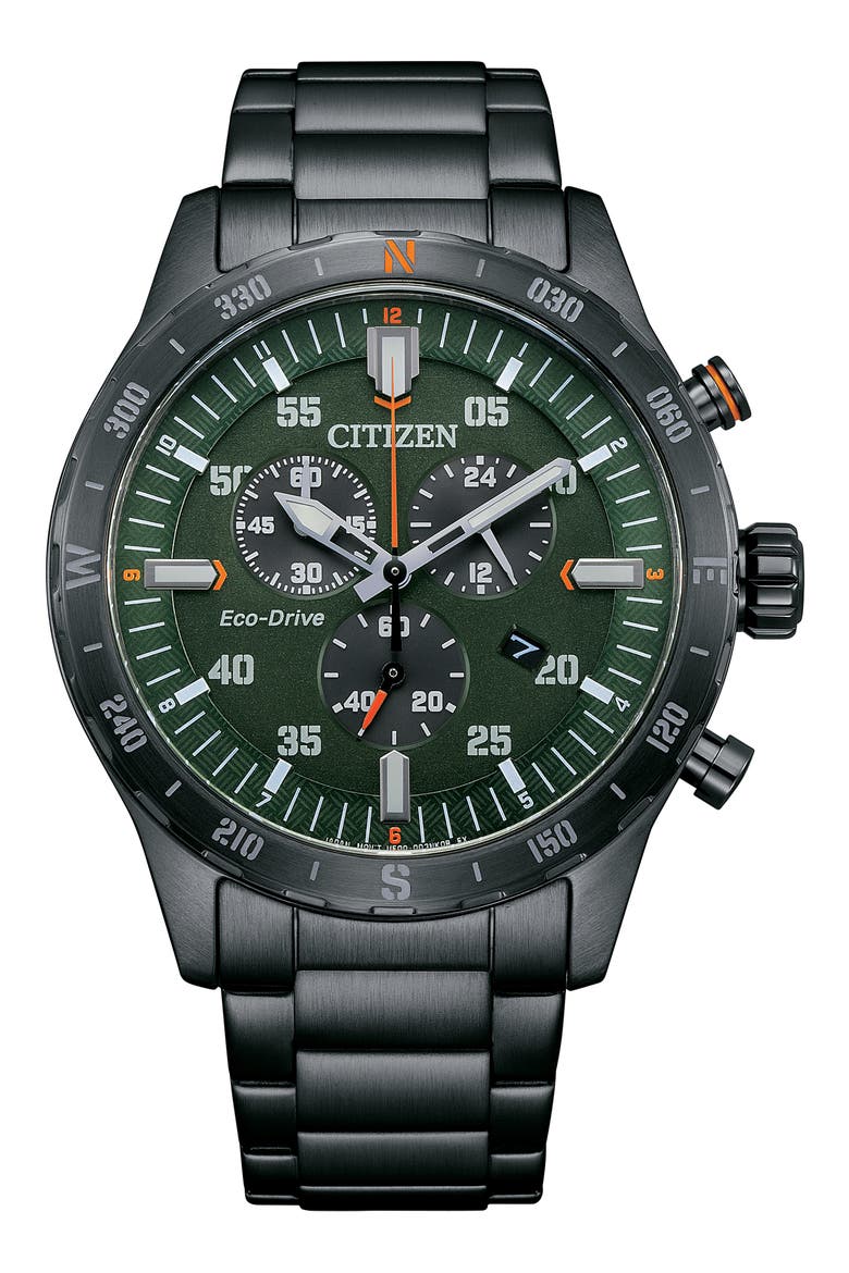 Eco-Drive Chronograph Bracelet Watch, 43.5mm, Main, color, BLACK