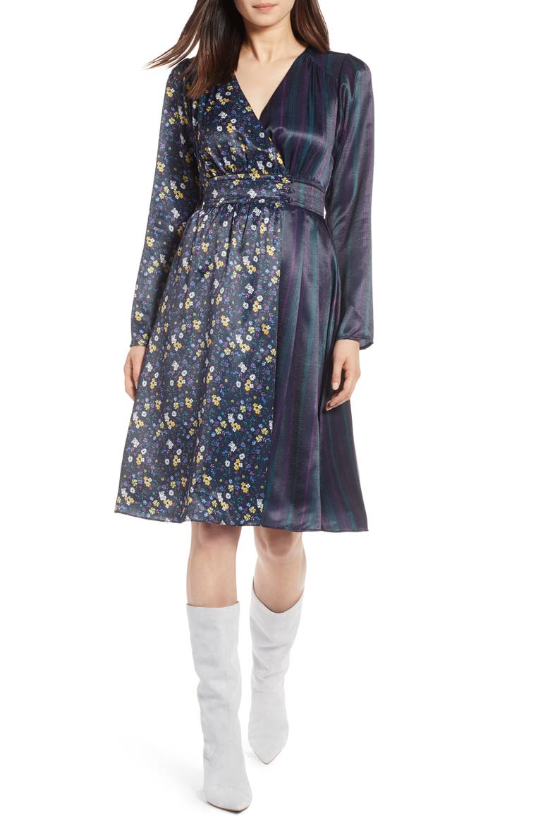 Print Satin Dress, Main, color, NAVY FLORAL MIX PRINT