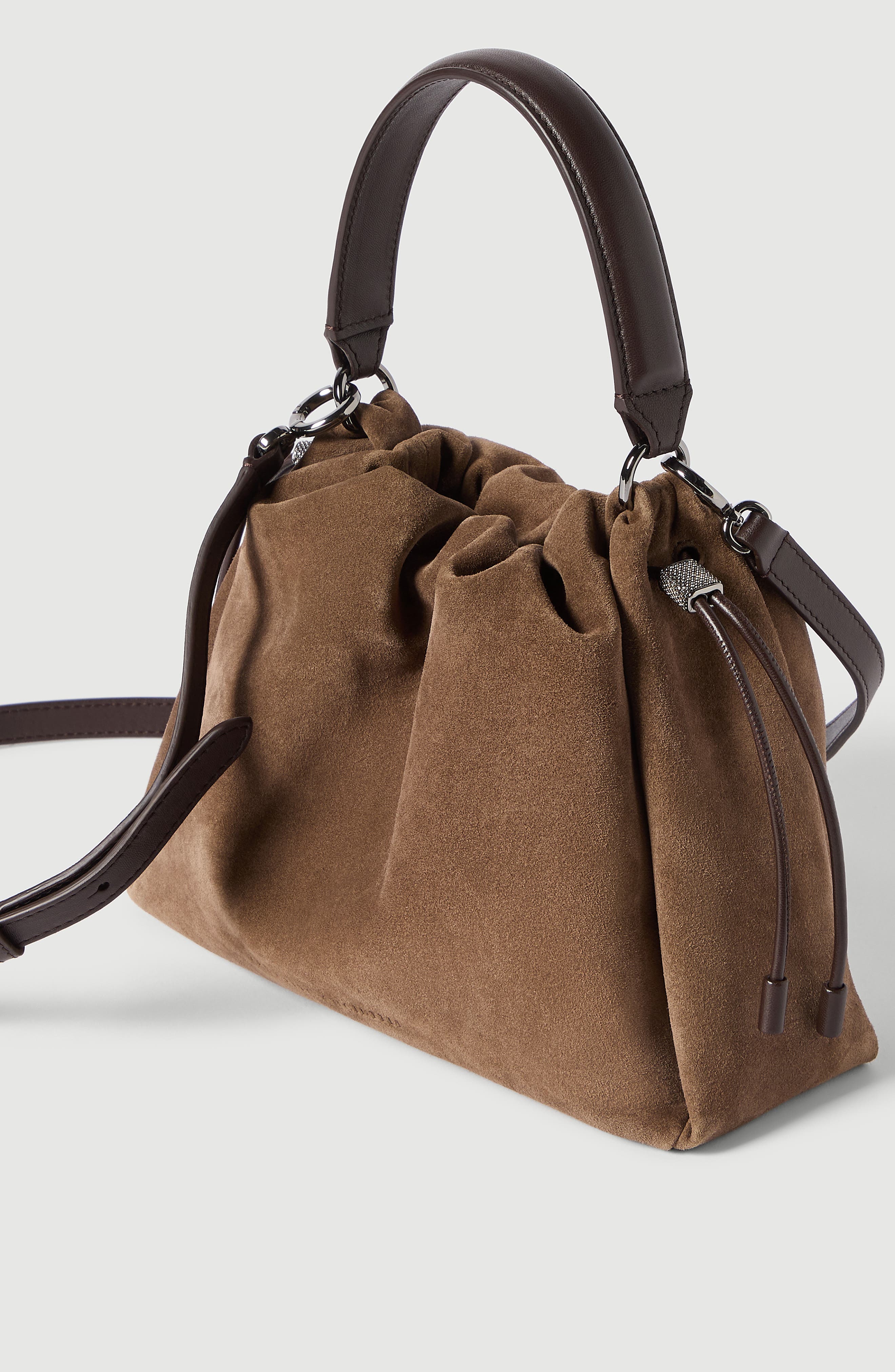 Mellow small bucket bag in suede with monili, Alternate, color, Caramel