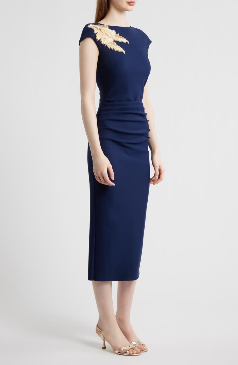 Chiara Boni La Petite Robe Metallic Feather Detail Cocktail Sheath Dress, Alternate, color, Blue Notte