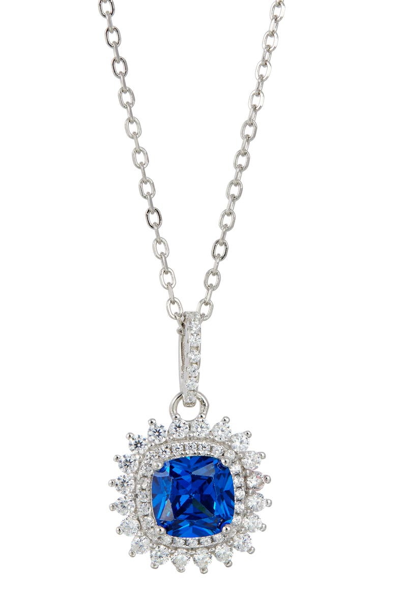 Cushion Cubic Zirconia Double Halo Pendant Necklace, Main, color, SAPPHIRE BLUE