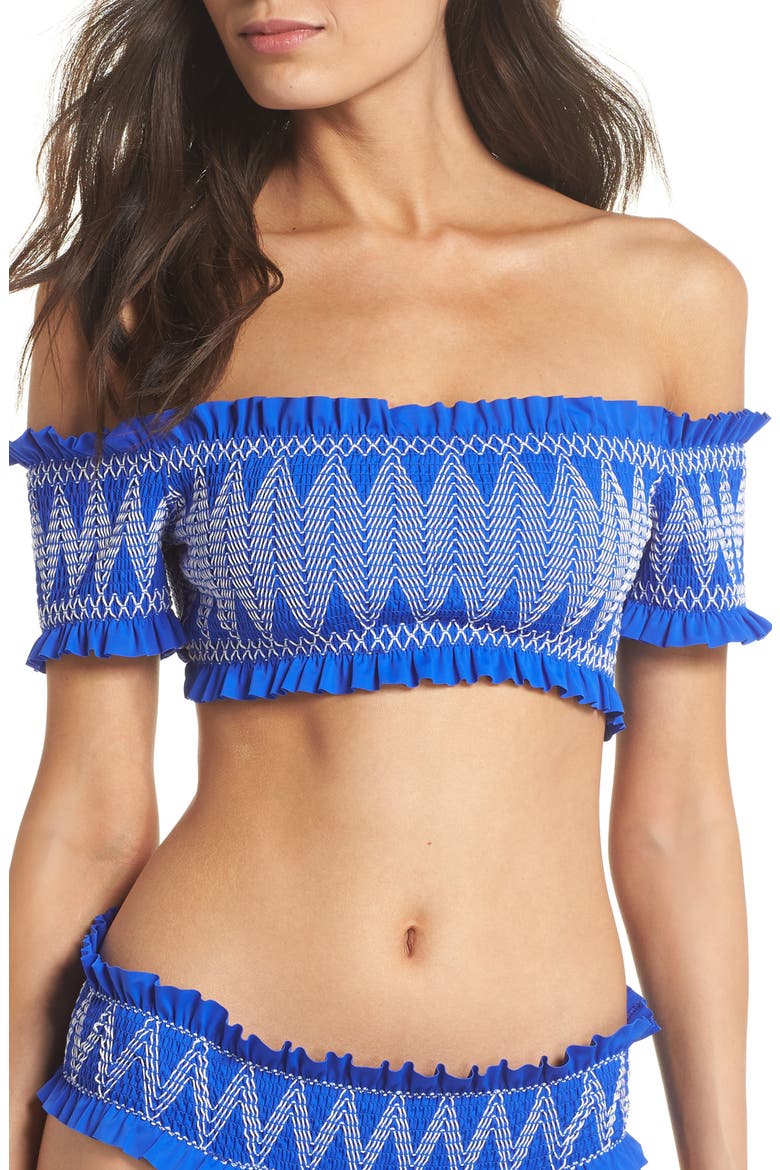 Smocked Bardot Bikini Top, Main, color, BRIGHT BLUE