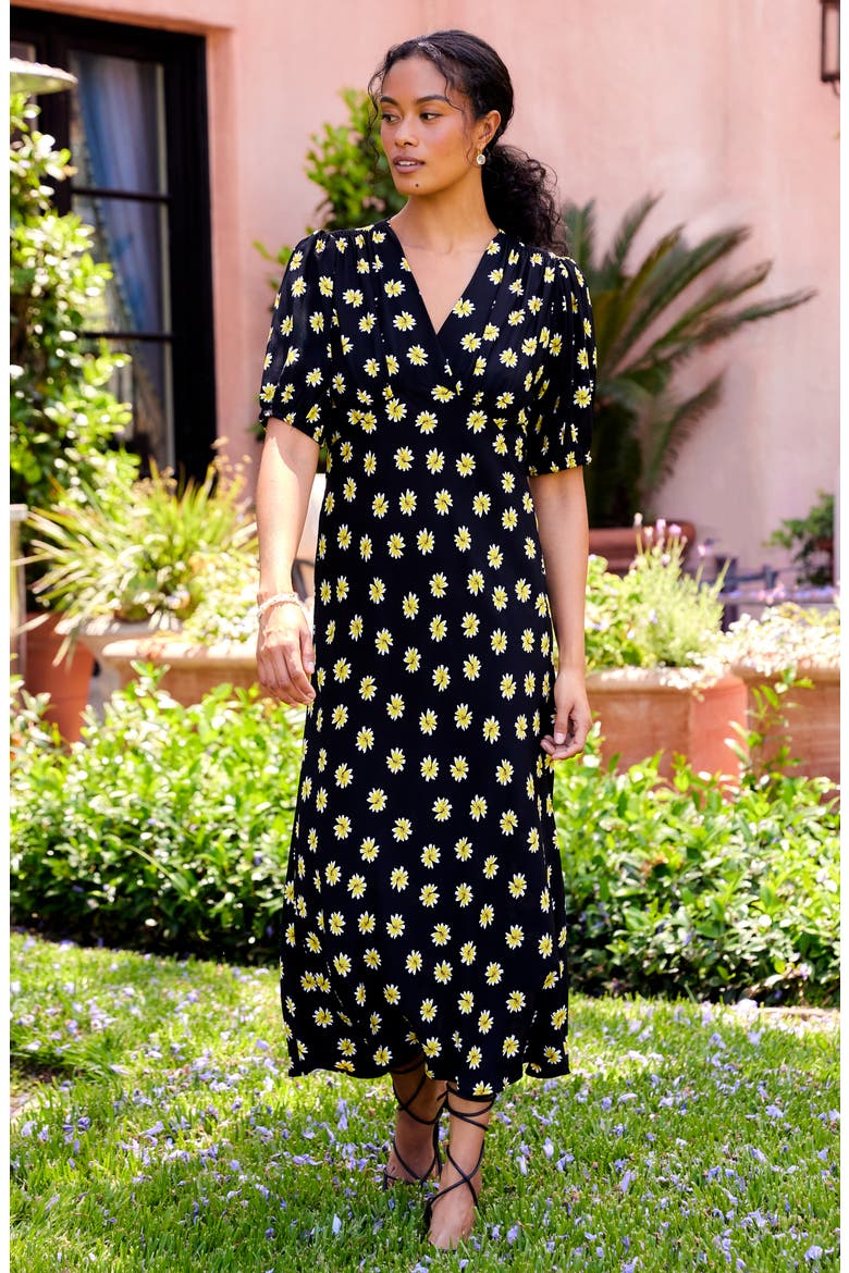 Daisy Print Puff Sleeve Midi Dress, Alternate, color, BLACK PRINT