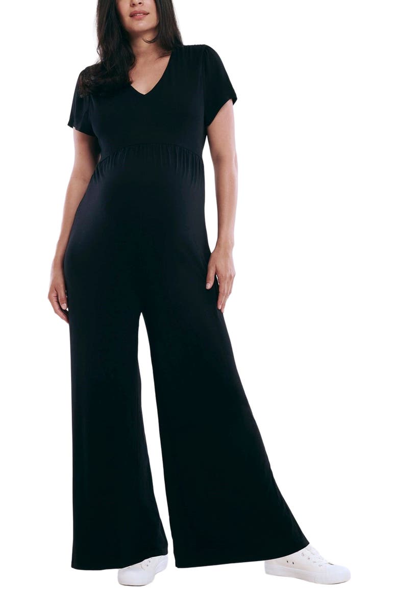 MOTHERHOOD MATERNITY Short Sleeve V-Neck Flare Leg Jumpsuit, Main, color, Black