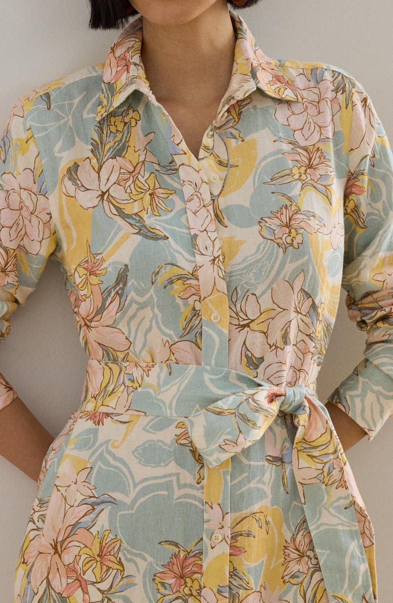 Lauren Ralph Lauren Floral Long Sleeve Linen Midi Shirtdress, Alternate, color, Cream/ Blue Multi