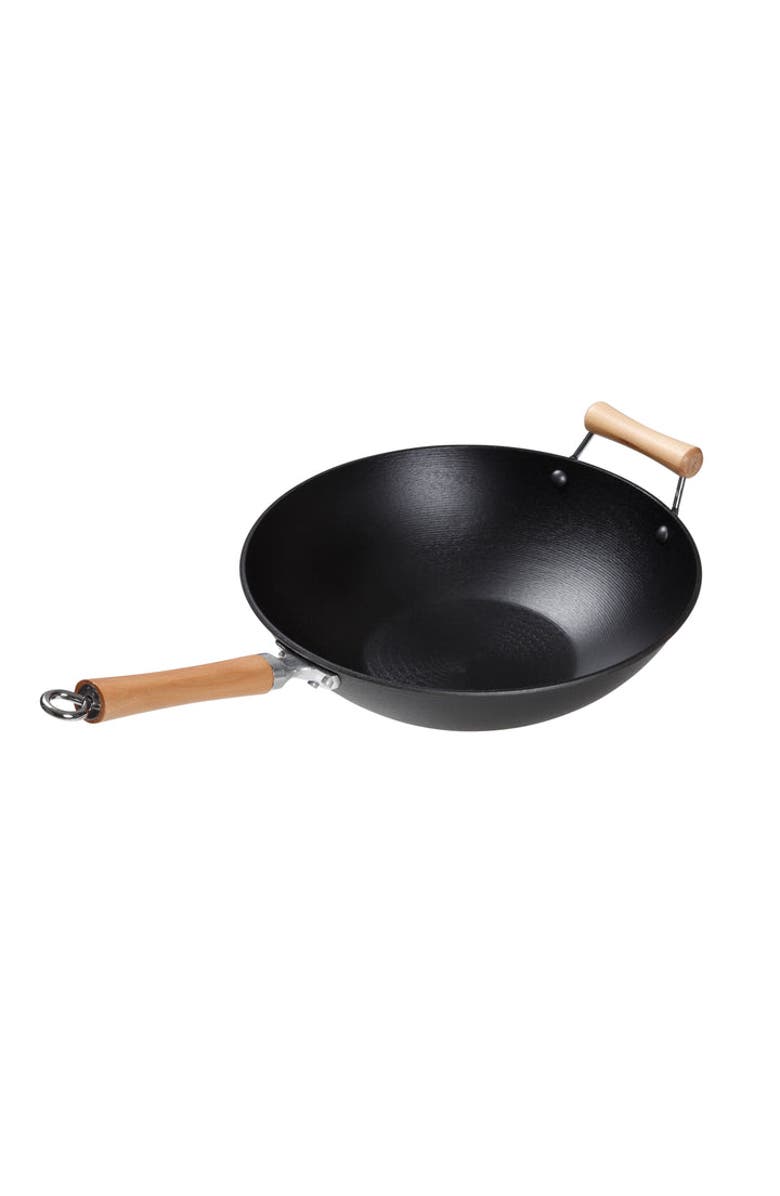 JOYCE CHEN Preseasoned Cast Iron Flat Bottom Wok with Maple Handle, 14-Inch, Main, color, Black