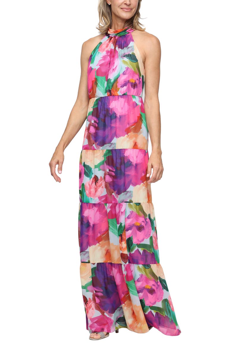 Tiered Floral Halter Maxi Dress, Main, color, MAGENTA MULTI