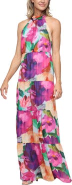 SL FASHIONS Tiered Floral Halter Maxi Dress
