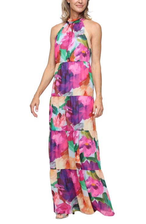SL FASHIONS Tiered Floral Halter Maxi Dress (Petite)