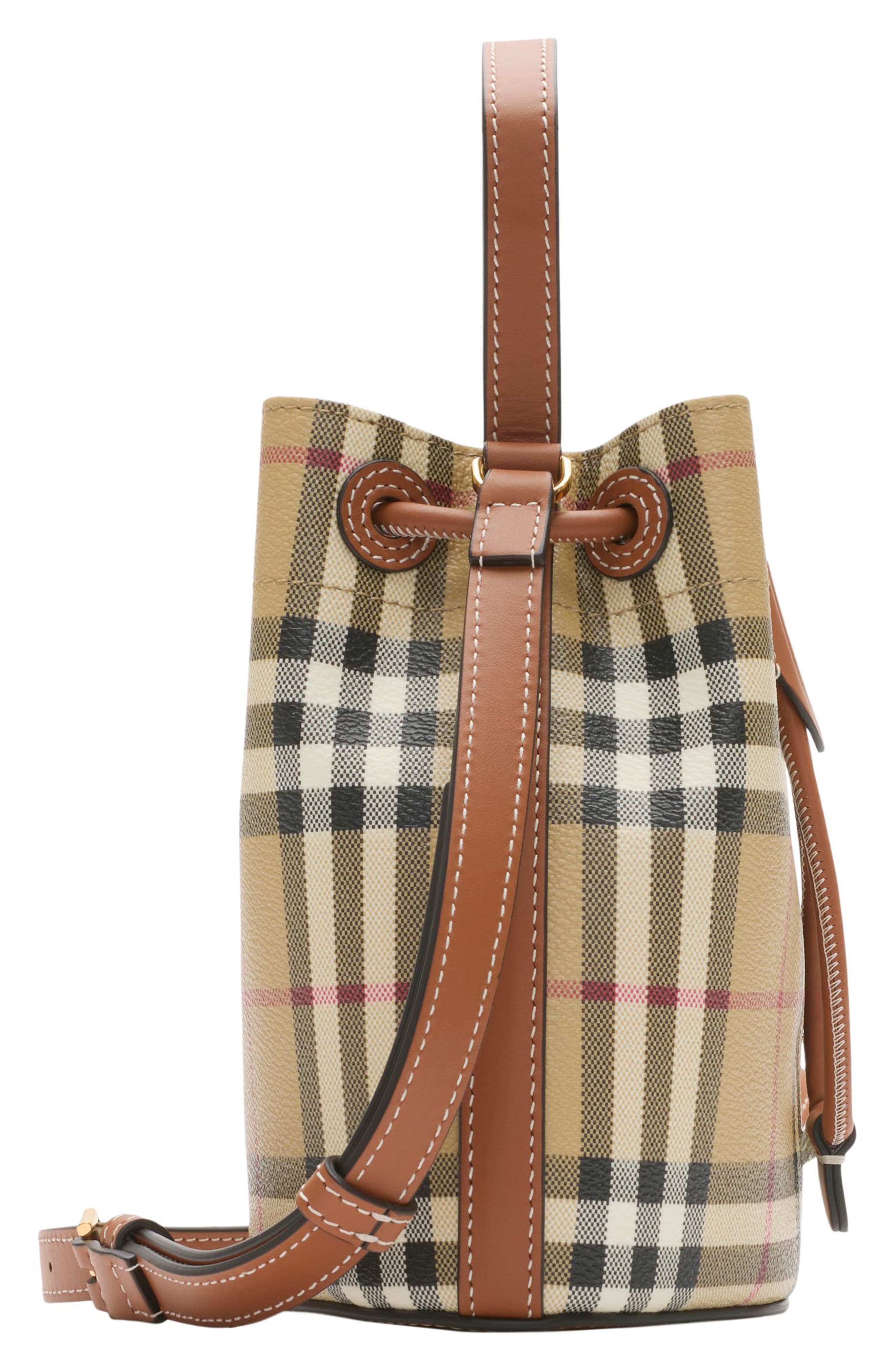 Burberry Mini Check Bucket Bag, Alternate, color, Vintage Check/ Briar Brown
