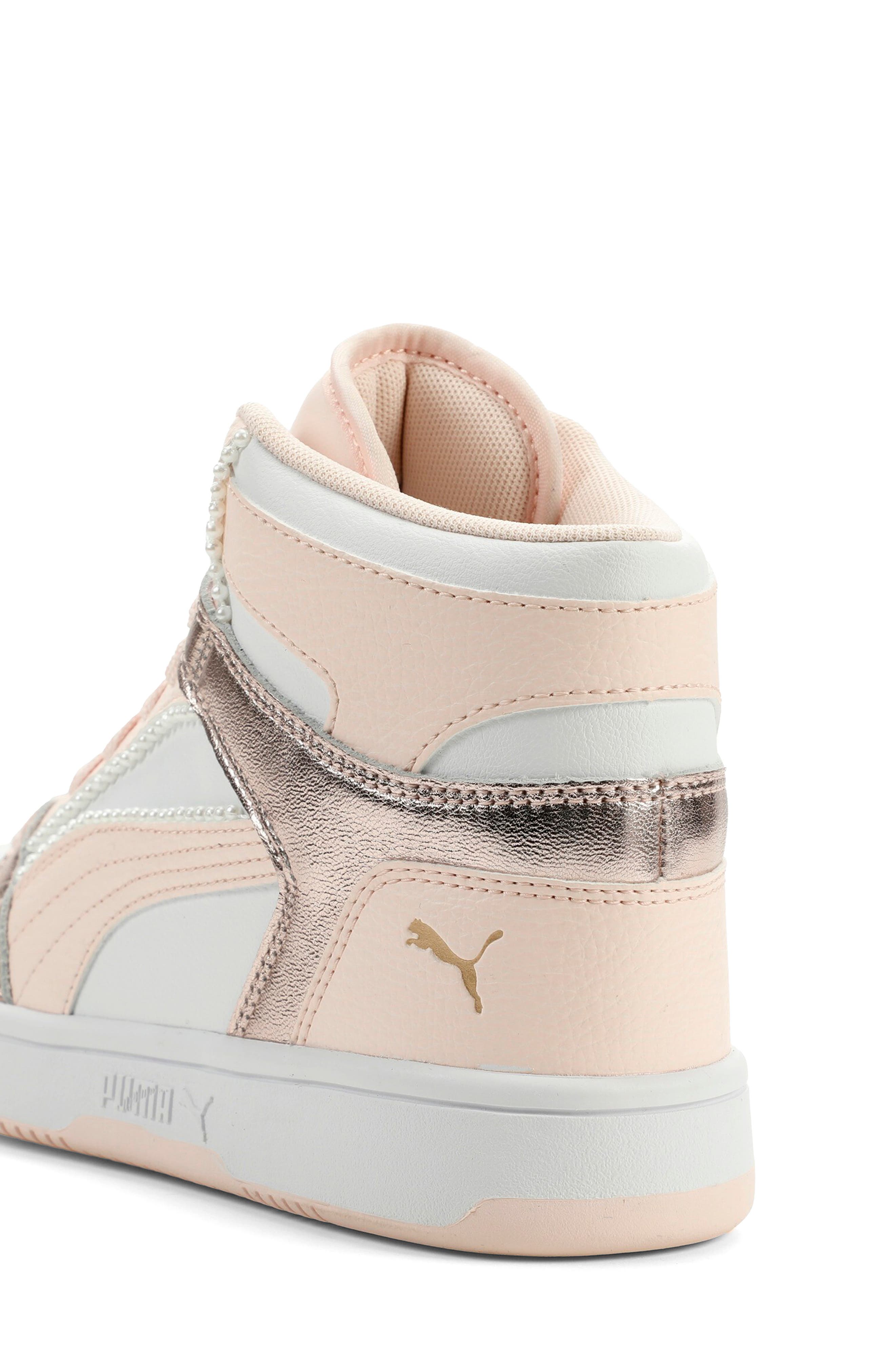 Kids' Rebound Layup High Top Sneaker, Alternate, color, PUMA WHITE-JASMINE FLOWER-GOLD