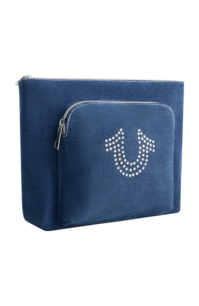 True Religion Trapezoid Zip Cosmetic Bag with Exterior Zip Pocket, Alternate, color, Denim