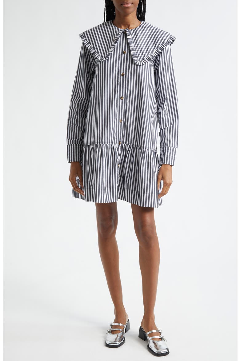 Stripe Collar Long Sleeve Organic Cotton Shift Dress, Main, color, BLACK