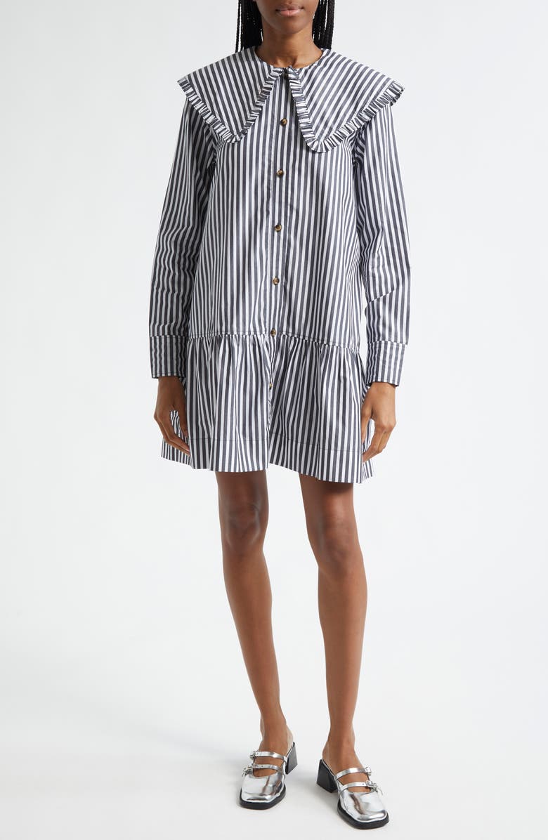 Ganni Stripe Collar Long Sleeve Organic Cotton Shift Dress, Main, color,