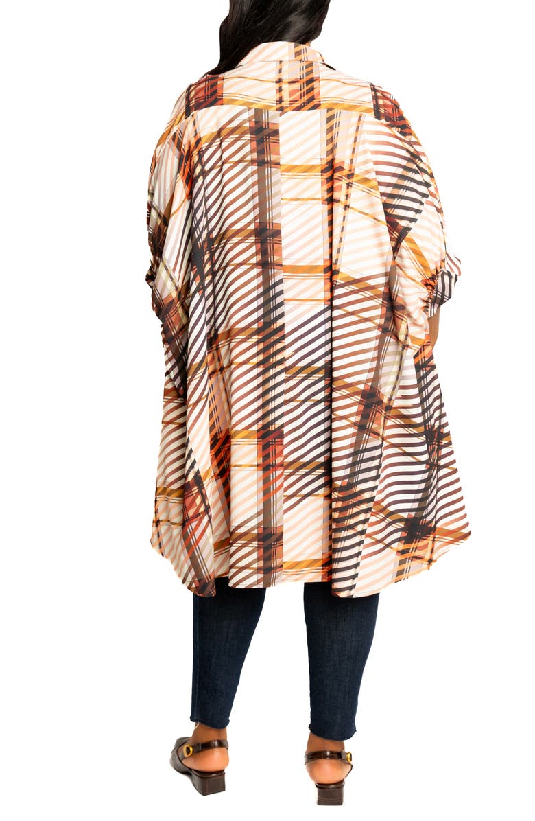 BUXOM COUTURE Mixed Geo Print High-Low Button-Up Shirt, Alternate, color, Brown Multi