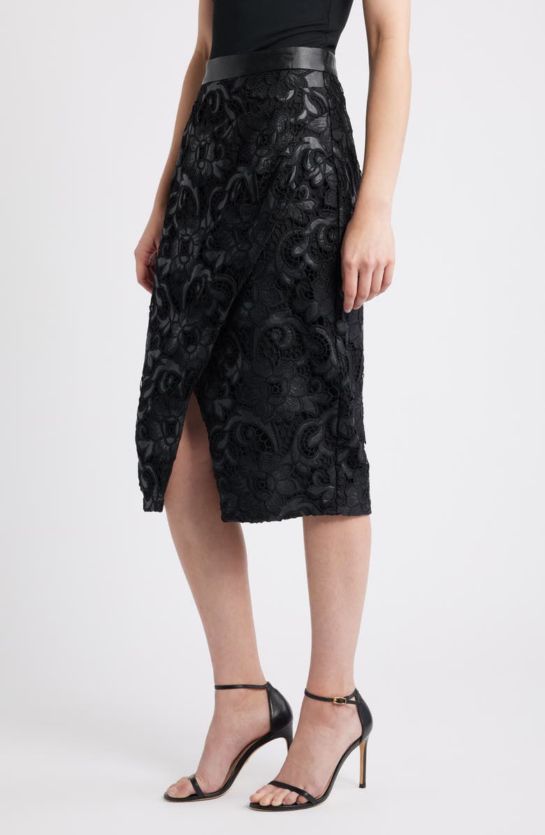 Elie Tahari Vivienne Wrap Front Lace Midi Skirt, Alternate, color, Noir Black