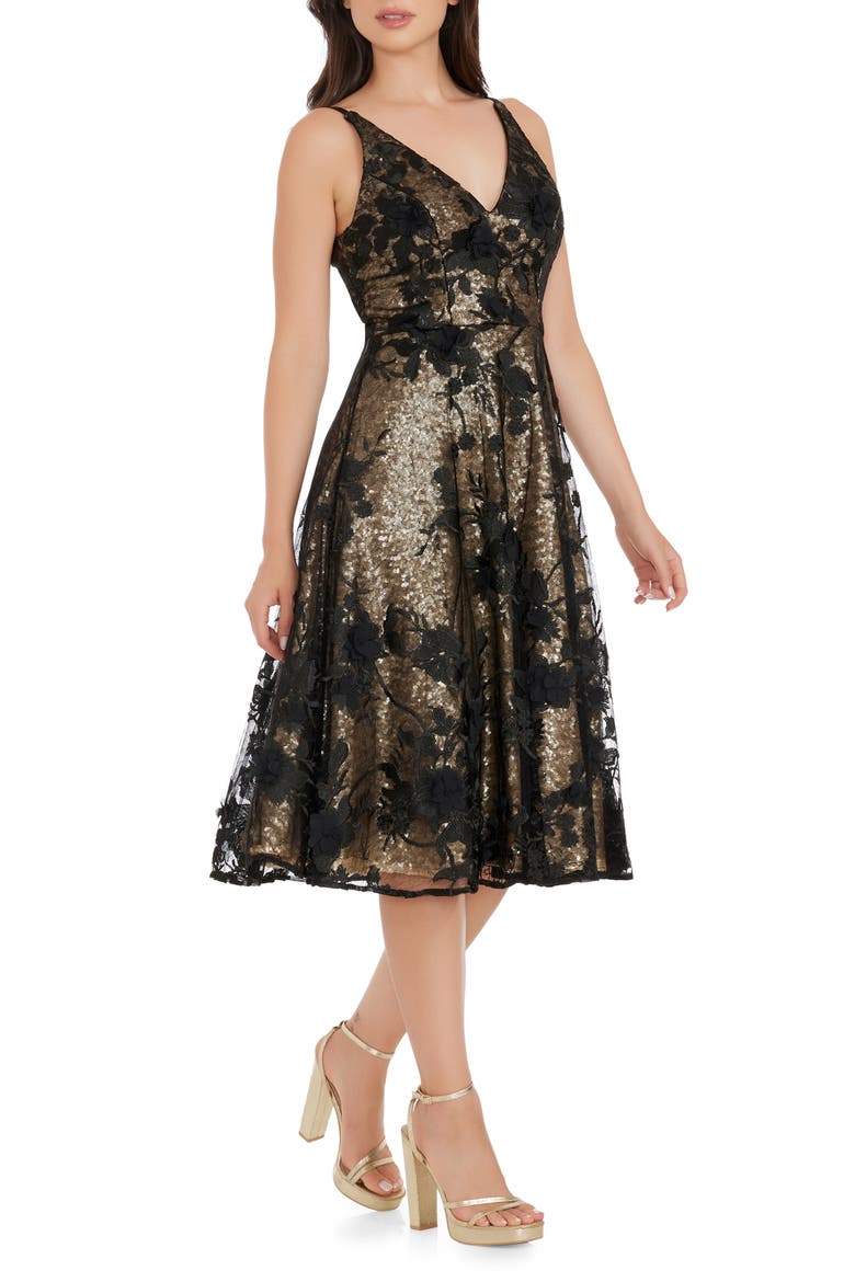 Elisa Floral Sequin Fit & Flare Dress, Alternate, color, BRUSHED GOLD M