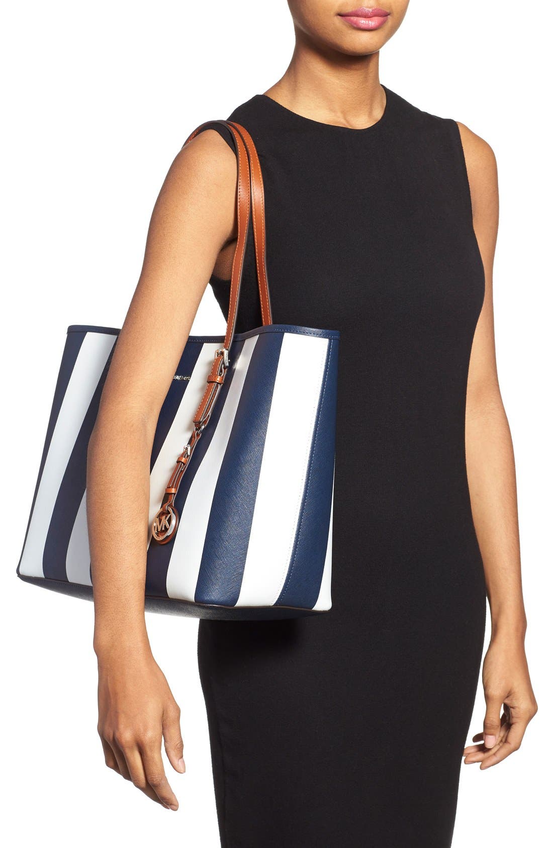 MICHAEL Michael Kors 'Medium Jet Set - Stripe' Leather Travel Tote, Alternate, color, 