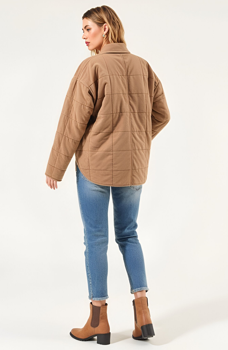 Modenaire Quilted Zip-Up Stand Collar Square Stitch Detailing Jacket, Alternate, color, Tan