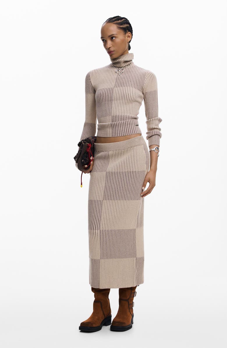 Desigual Check Rib Turtleneck Sweater, Alternate, color, Brown